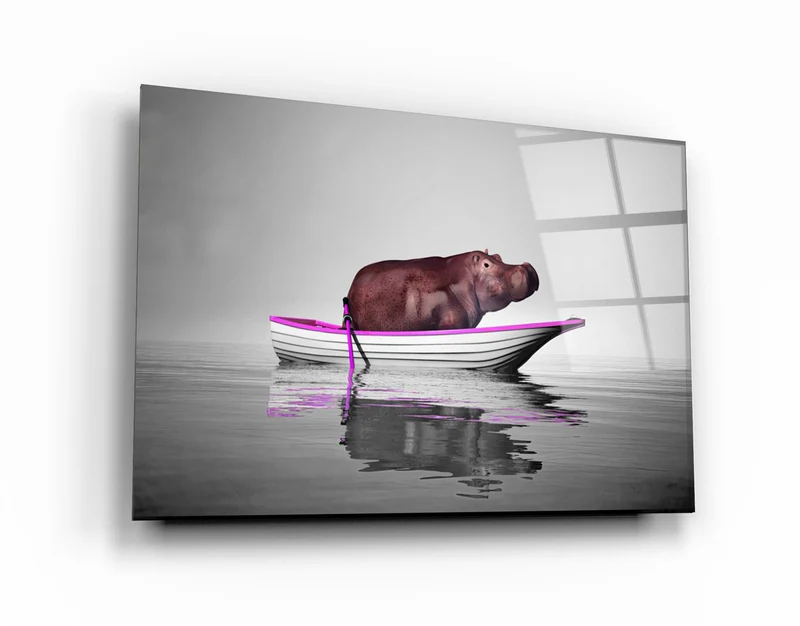 ・"Hippo on the Boat 2"・Glass Wall Art