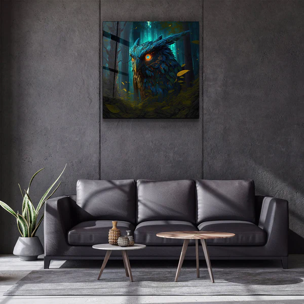 ."Blazing Blue Owl". Secret World Collection Glass Wall Art - Image 3