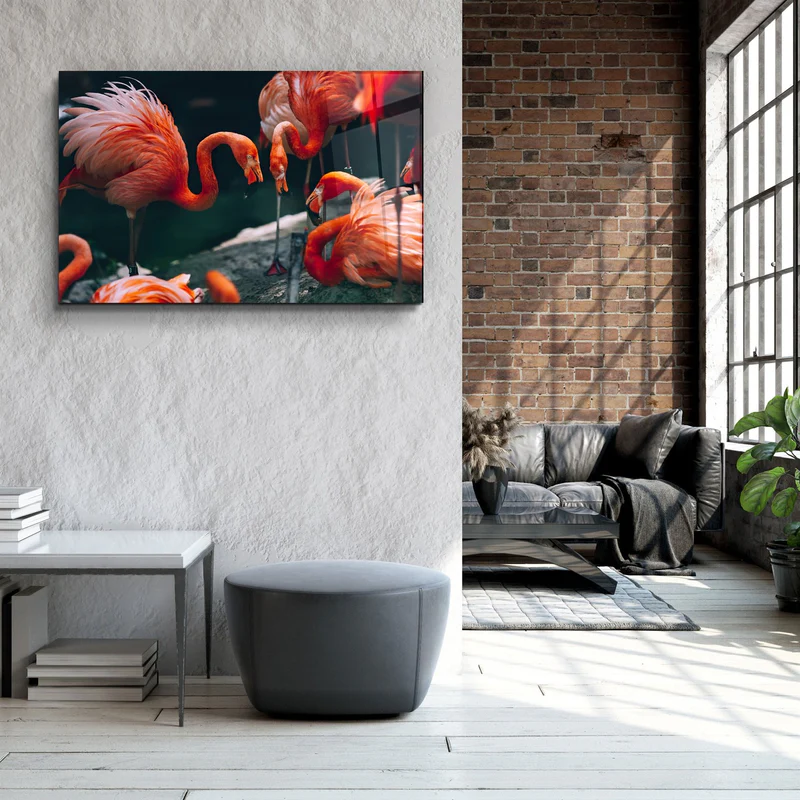 ・"Orange Flamingos"・Glass Wall Art - Image 3