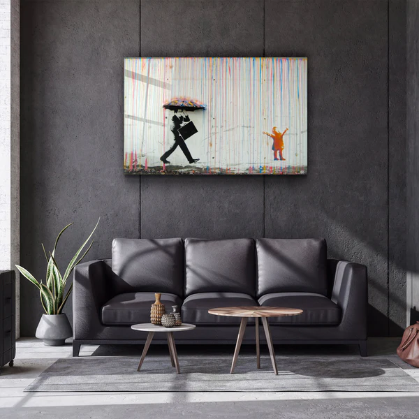 ・"Banksy - Umbrella Man - Rainbow Rain Girl "・Glass Wall Art - Image 3