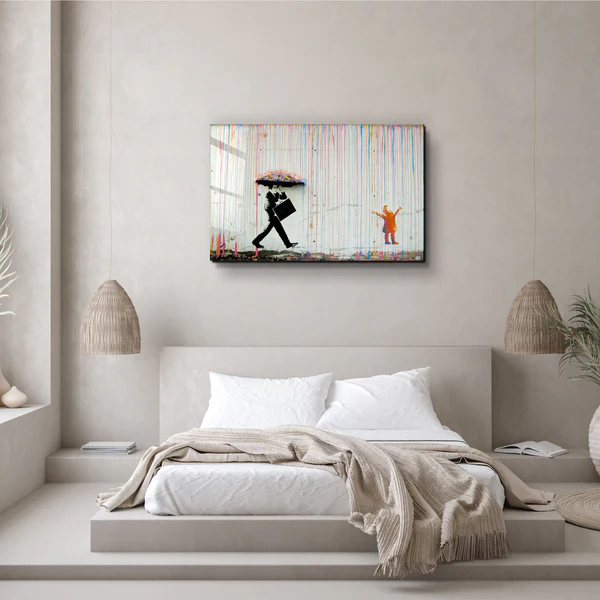 ・"Banksy - Umbrella Man - Rainbow Rain Girl "・Glass Wall Art - Image 2